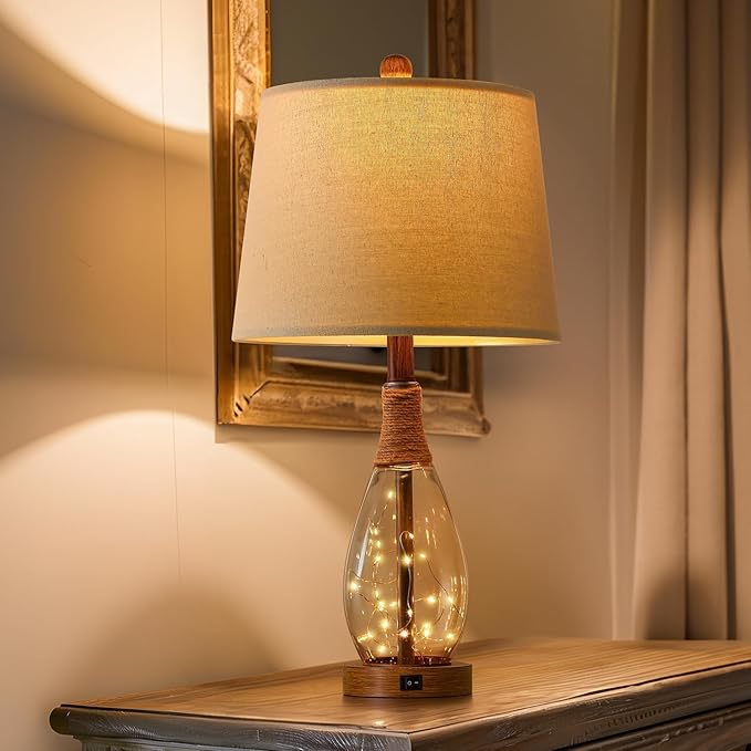 OYEARS 23" USB A+C Table Lamp for Bedroom Living Room Modern Bedside Lamps Retro Farmhouse Rattan Glass Nightstand Nightlight Lamps,Two Light Points - Bloomnest