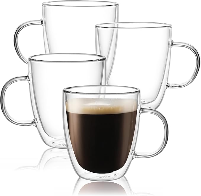 CNGLASS Large Glass Coffee Mugs 17oz,Double Walled Insulated Clear Coffee Cups with Handle,Clear Espresso Mugs for Cappuccino,Latte,Tea Bags,Hot and Cold Beverages,Set of 4 - Bloomnest