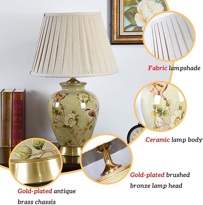 PURESILKS Vintage Ceramic Table Lamp, Hand-Painted Flower and Bird Desk Lamp, Chinese Classical Decorative Lamp with Fabric Shade, Farmhouse Table Lamp for Living Room,Bedroom, Study Room - Bloomnest
