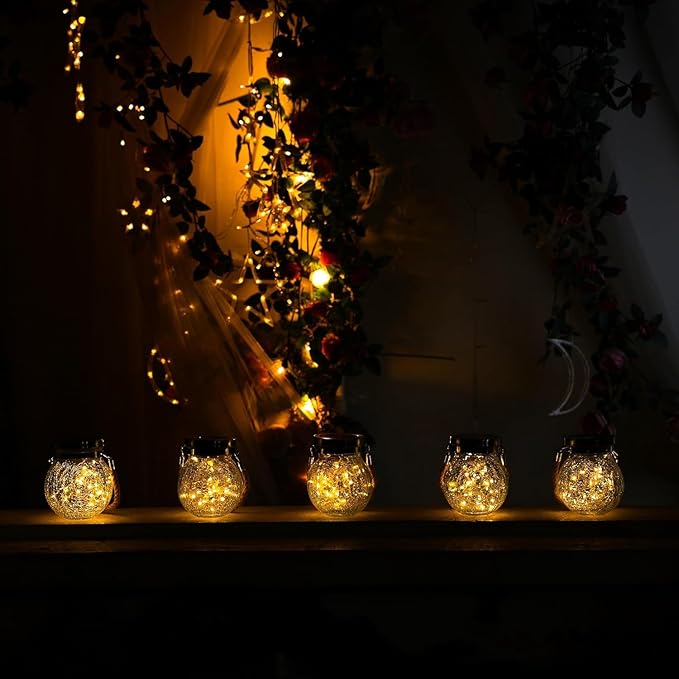 Cooo 4 Pack Heavy Crackle Glass Solar Lantern with 30 LED Firefly Lights– Waterproof Outdoor Hanging Lamp 215% Larger Solar Panel, Stainless Steel Lid Decorative Lighting for Garden Patio Table - Bloomnest