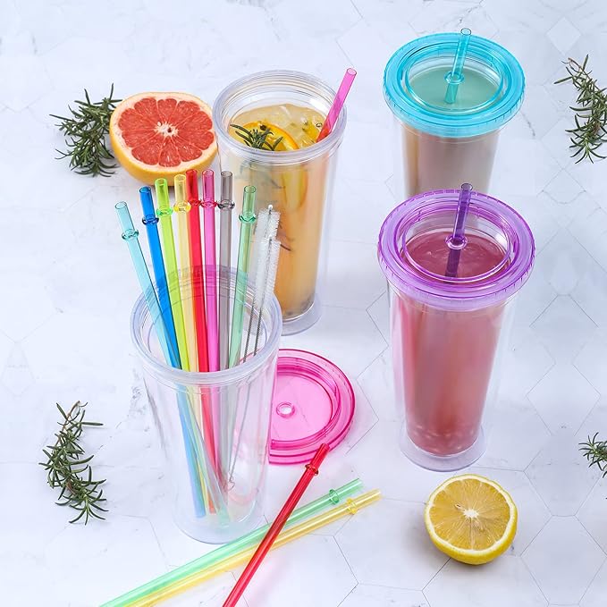 24 PCS, Reusable Straws with 4 Brushes, 10.5" Long Tritan Hard Plastic Straws, 12 Colors Translucent Replacement Drinking for 16OZ-32 OZ Tumblers, Cups, Jars, Stanley, YETI, Starbucks, BPA Free Bloomnest