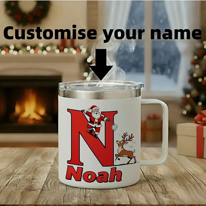Personalized Christmas Mug with Name Initial - Custom Santa Reindeer 12oz Insulated Stainless Steel Coffee Cup Tumbler with Handle & Lid - Fun Holiday Xmas Gifts for Kids, Women, Men, Family (B150) - Bloomnest
