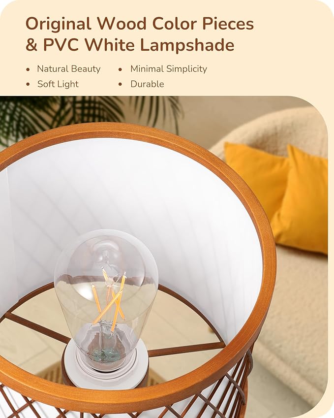 EDISHINE Small Table Lamp, 14.17" Wood Tripod Bedside Lamp with Bamboo Lampshade & PVC Shade, ON-Off Switch & E26 Base, Boho Nightstand Lamp for Living Room, Bedroom - Bloomnest