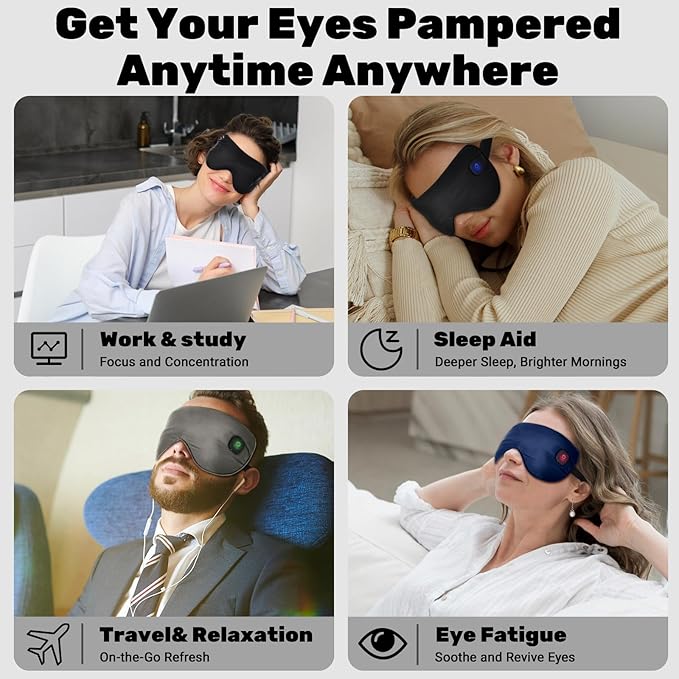 Silk Cordless Heated Eye Mask for Dry Eyes, Light Blocking Warm Eye Compress, Improved Sleep, with 3 Heat Settings, Washable Heating Pad for Migraine, Travel, Rechargeable, Men Women