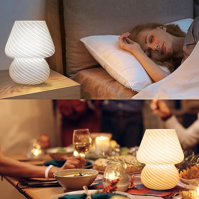 USB Plug-in Mushroom Lamp Small Bedside Table Lamp with 3 Temperature LED Bulb,Free Dimming Nights Light for Bedroom/Living Room/Entryway/Corner Decor (Stripe White) - Bloomnest