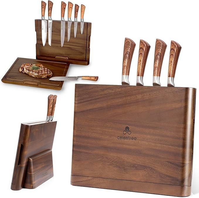 2-in-1 Wood Cutting Board with Magnetic Knife Holder - 16 x 11 Inch Rain Wood, Juice Grooves, Kitchen Organizer for Home Chefs - Bloomnest