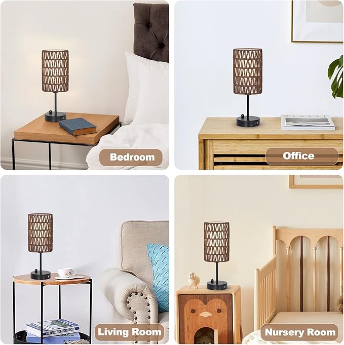 Bedside Lamps Set of 2, Touch Control Night Stand Lamp for Bedroom with Rattan & Linen Shade & Bulbs, 3 Way Dimmable Small Boho Table Lamps with USB Charging Port & Phone Stand (Coffee Color) - Bloomnest