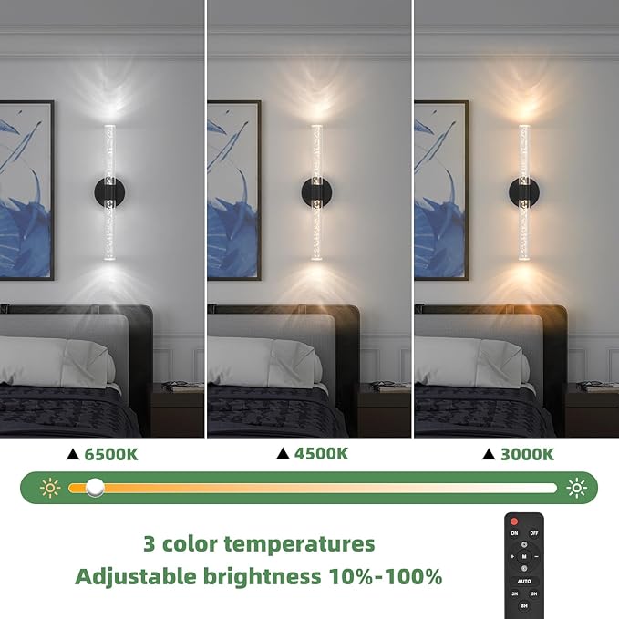 Battery Operated Wall Sconces Set of 2, Black 20'' Rechargeable Crystal Bubble Wall Sconce with Remote Control, 3000K-6000K Dimmable LED Wireless Wall Lights for Living Room Bedroom Bathroom Hallway - Bloomnest