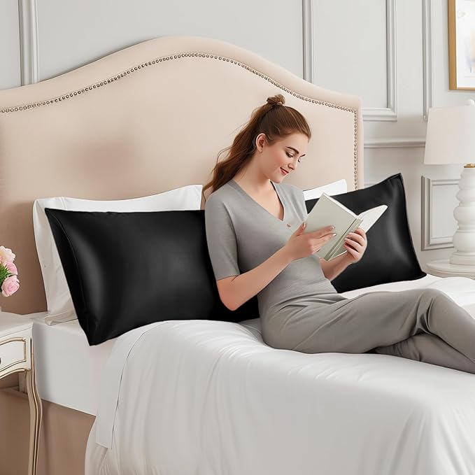 INFIIXSO Body Pillow Cover with Zipper, Luxury Mulberry Silk Body Pillow Case 20x54 Inches, Ultra Smooth and Soft Cooling Long Pillowcase, Gift for Women, Men(Black) - Bloomnest