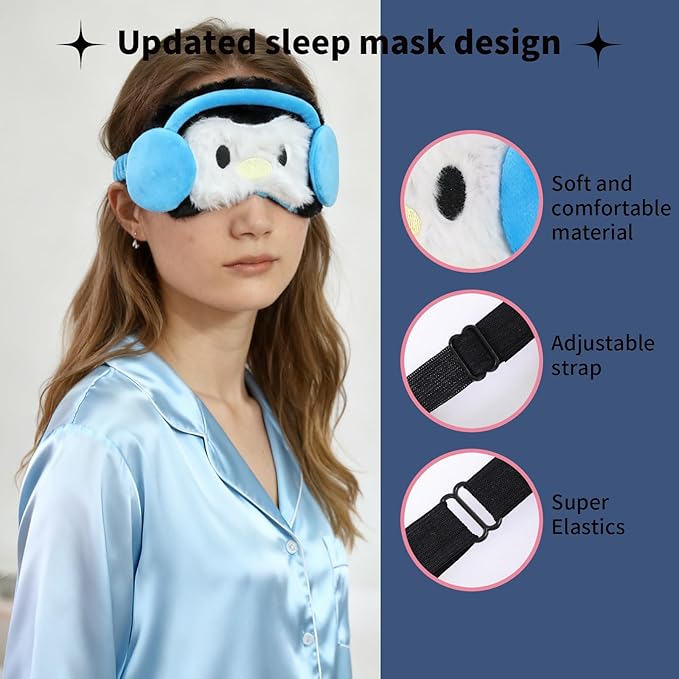 Cute Sleep Eye Masks for Kids, Kawaii Cartoon Kids Sleeping Mask for Women Boys Girls Teens, Soft Plush Adjustable Eyeshade Silk Travel Nap Eye Cover (Black+Pink Headphone) - Bloomnest