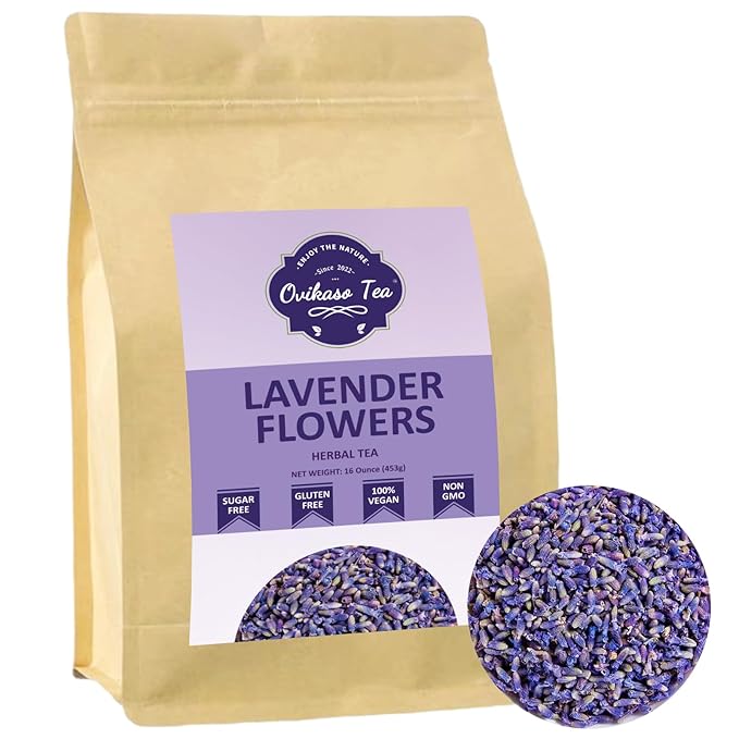 Ovikaso Tea, Lavender Tea, 16 Ounce (1 Lb), 100% Natural Food Grade, For Tea, Baking, Crafts, DIY Beauty, Sachets & Fresh Fragrance, No Sugar, No Caffeine, Loose Leaf, Resealable Kraft Bag - Bloomnest