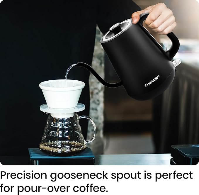 Chefman Gooseneck Electric Kettle, 0.8L Pour Over Tea Kettle for Coffee and Tea, One-Touch Operation, Boil-Dry Protection, Auto Shut-Off, Ultra-Fast Hot Water Boiler – Black - Bloomnest