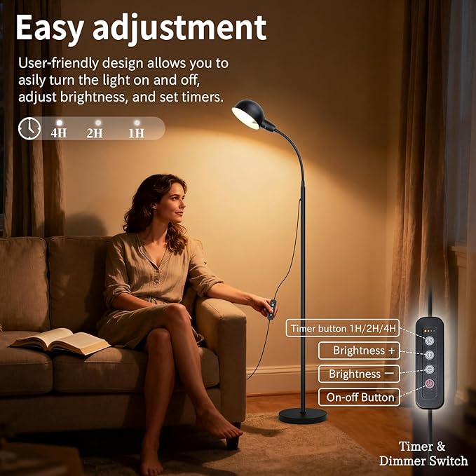 Floor Lamp with Flexible Gooseneck and Height Adjustable，Standing Lamp Include Dimmer LED Bulb，Ideal Tall Lamp with Dimmer and Timer Switch for Reading,Bedside and Living Room (Black) - Bloomnest