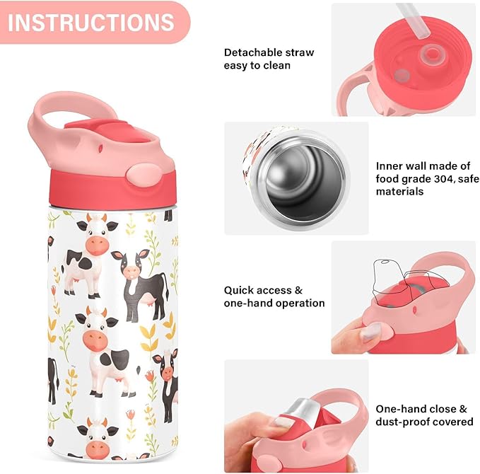Cute Little Cow White Kids Insulated Water Bottle, Toddlers Tumbler Travel Cup with Straw & Handle Stainless Steel Cup for Travel School Girls 12 oz - Bloomnest