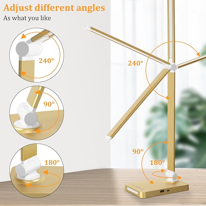 LED Desk Lamp with USB Ports,Touch Desk Lamps for Home Office with 5 Color Modes,3 Brightness Desk Light with Small Night Light,Reading Lamp Table Lamp for Bedroom Bedside Study Gold （with Adapter） - Bloomnest