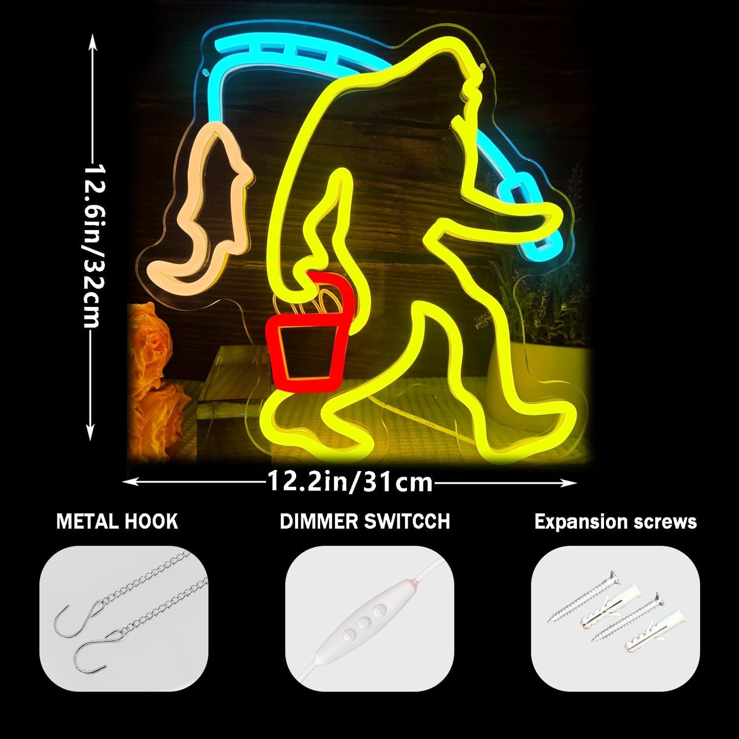 Bigfoot Fishing Neon Sign Dimmable Sasquatch Neon Sign for Wall Decor Bigfoot Neon Light Up Sign for Bedroom Holiday Birthday Christmas Gifts for Friends Kids