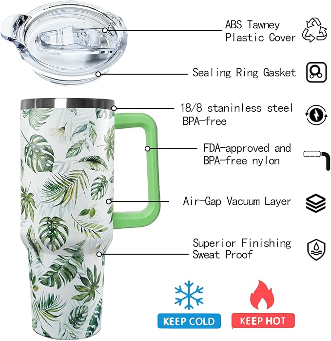 Ceovfoi 40 oz Green Insulated Stainless Tumbler - Tropical Plant Travel Coffee Cup, Water Bottle, Gardeners Gift - Bloomnest