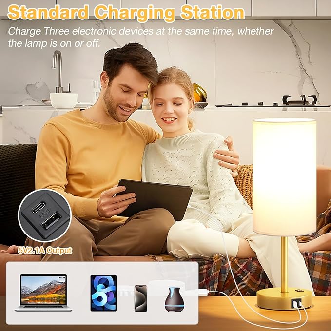 Touch Bedside Table Lamp with USB - 3 Way Dimmable Gold Lamp for Bedroom Nightstand, Desk Lamp with Charging Station for Dorm, Office, Kids Room, Living Room - Bloomnest