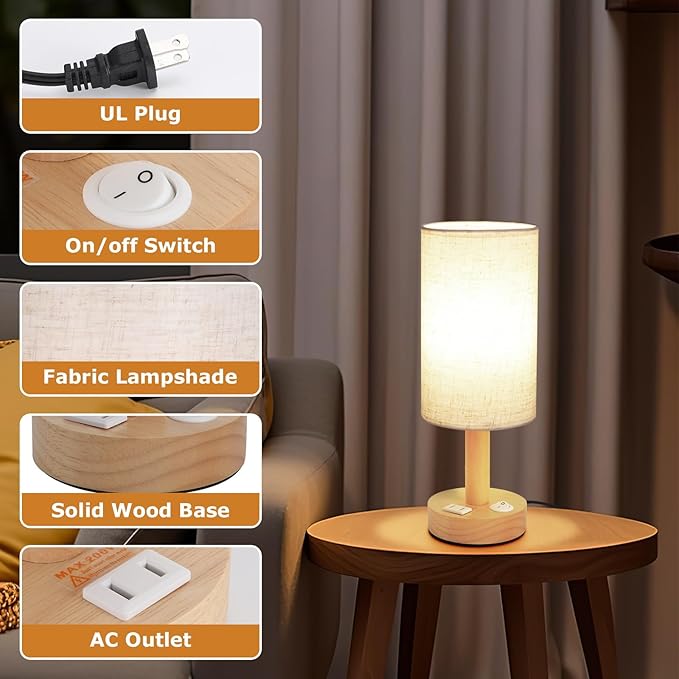 Small Bedside Table Lamp with AC Outlet, Natural Wood Base & Linen Shade, Mini Cute Cozy Warm White Nightstand Boho Lamp, Study Desk Night Stand Light for Bedroom, Kitchen, Nursery, Living Room - Bloomnest