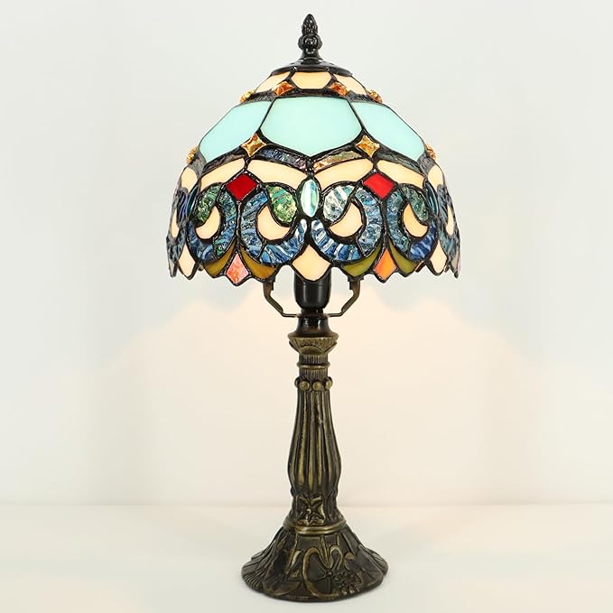 Small Tiffany Lamp Mini Accent Table Lamp Stained Glass Desk Memory Lamp Sympathy 8X14.5 Inch (Sapphire Style) - Bloomnest