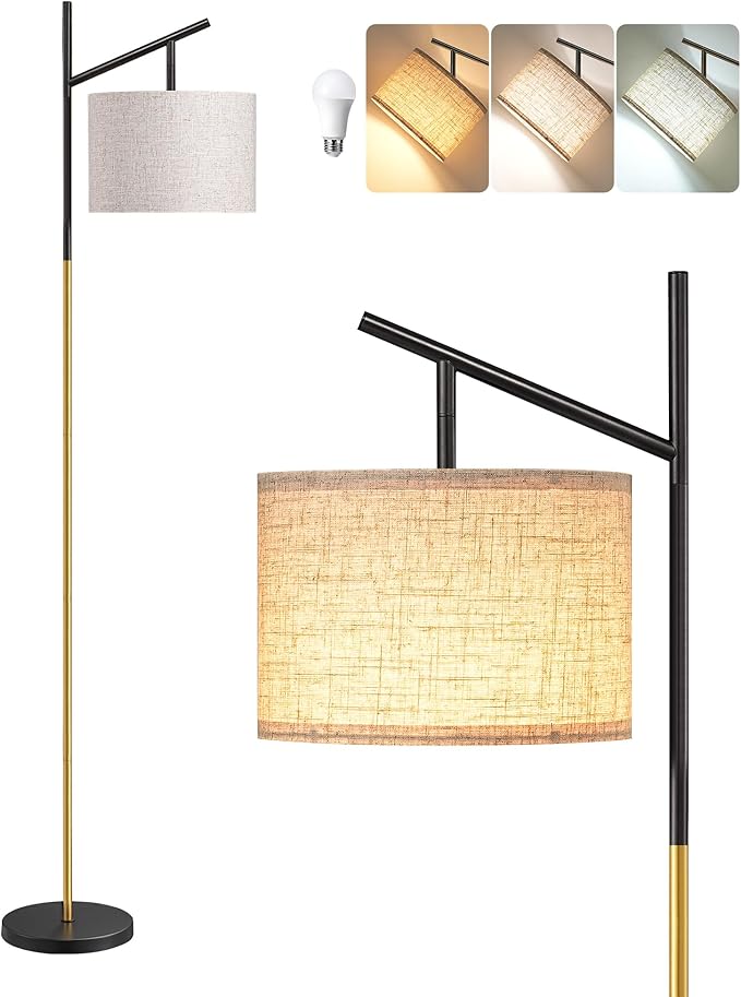 EDISHINE Modern Floor Lamps for Living Room, 64.7" Minimalist Standing Lamp with 3 Color Temperatures Bulb & Adjustable Linen Shade, Foot Pedal Switch, Arc Tall Lamp for Bedroom Office, Black Gold - Bloomnest