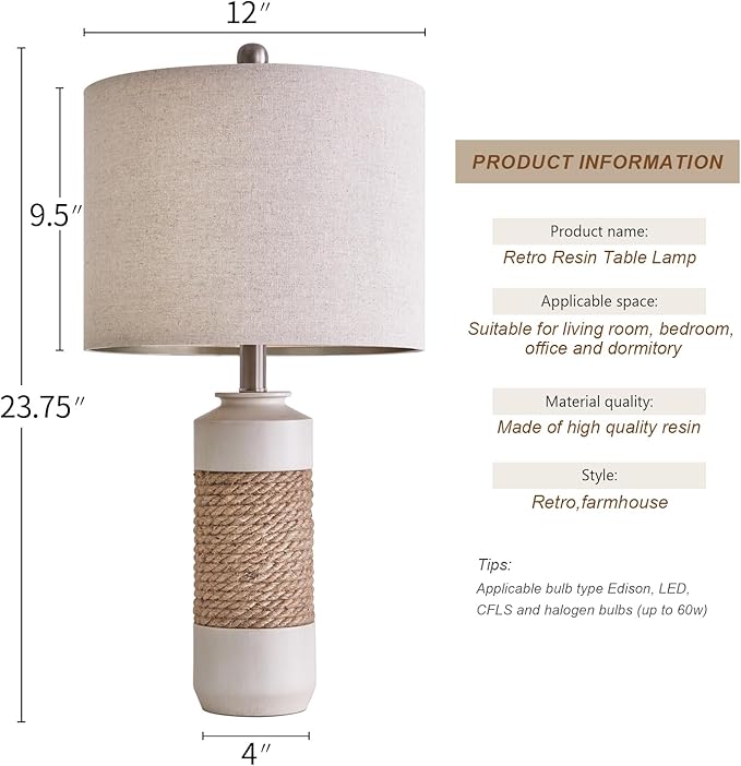 OYEARS 23.75" Bedside Table Lamps Set of 2 for Sleeping and Reading, Vintage Farmhouse Rattan Table Lamp Antique White Resin Lamp for Decoration, Office Living Room Bedside Table - Bloomnest