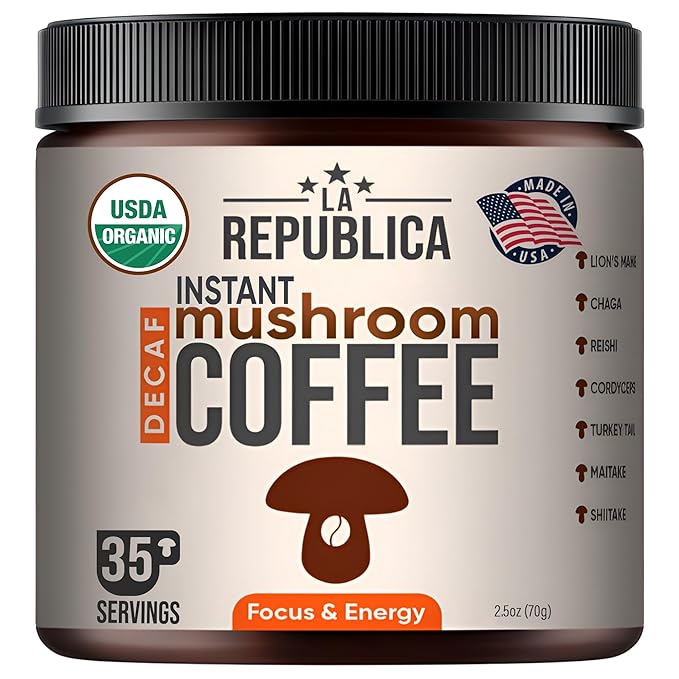 La Republica DECAF Organic Mushroom Coffee (35 Servings) with 7 Superfood Shrooms, Great Tasting Instant Mix Includes Lion's Mane, Reishi, Chaga, Cordyceps, Shiitake, Maitake, and Turkey Tail (Decaffeinated) - Bloomnest
