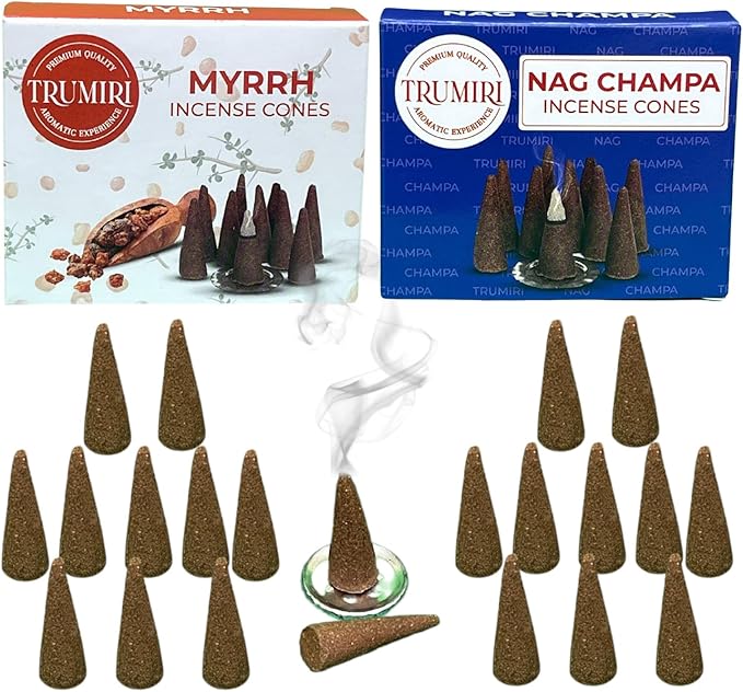 TRUMIRI Incense Cones - Combo Pack of 20 Cone Incense - 10 Myrrh + 10 Nag Champa - Insence Cones - Incense Cones Scented - Cone Incense Scents - Insense Cones - Incent Cone TRUMIRI