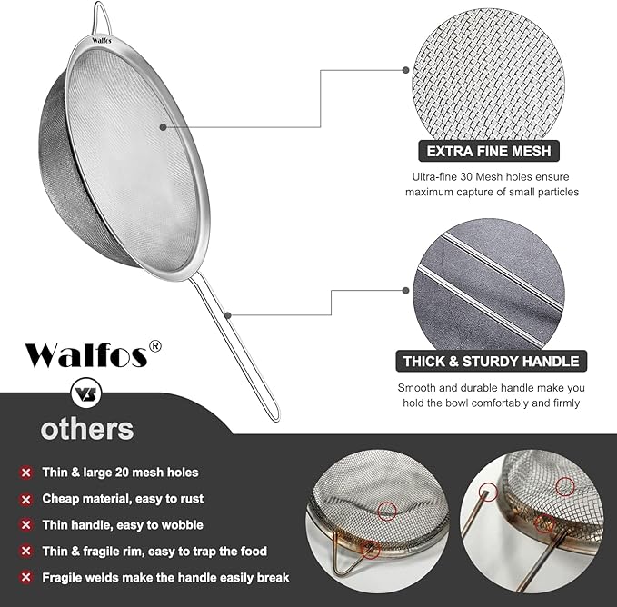 Walfos 9.35 Inch Large Fine Mesh Strainer, Stainless Steel 30 Mesh Sieve with Sturdy Handle, Kitchen Food Strainers Sifters for Rice, Quinoa, Pasta, Fruits, Vegetables, etc. - Bloomnest