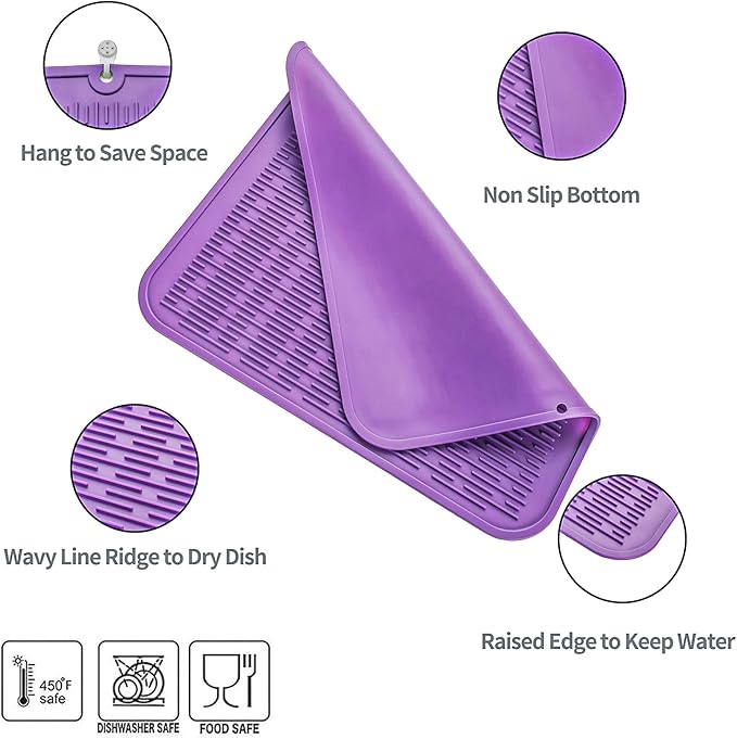 Silicone Dish Drying Mat for Multiple Usage,Easy clean,Eco-friendly,Heat-resistant Silicone Mat for Kitchen Counter or Sink,Refrigerator or Drawer Liner Purple XL 18 inches x 16 inches - Bloomnest