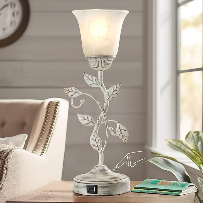 RORIANO Rustic Touch Table Lamp for Bedroom, 3-Way Dimmable Nightstand Lamp with 2 USB Ports, Retro Vintage White Glass Shade Leaf Desk Lamp for Living Room Entryway, LED Bulb Included - Bloomnest