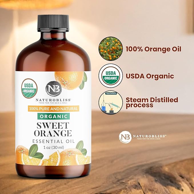 NaturoBliss Organic Sweet Orange Essential Oil, 100% Pure Therapeutic Grade, Premium Quality, 1 fl. Oz / 30 ml - Perfect for Aromatherapy and Relaxation - Bloomnest