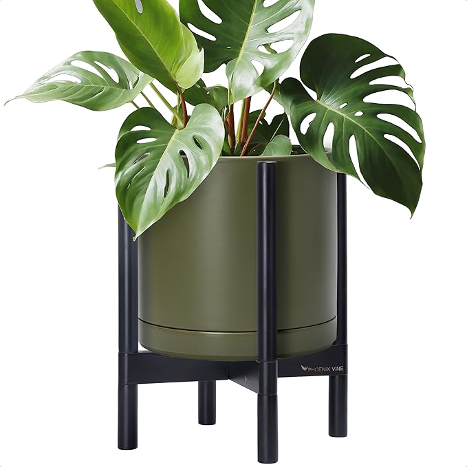 D'vine Dev Ceramic Planter with Ebony Stand - 12 Inch Modern Round Flower Pot with Wood Planter Holder, Olive, 55-B-H-J - Bloomnest