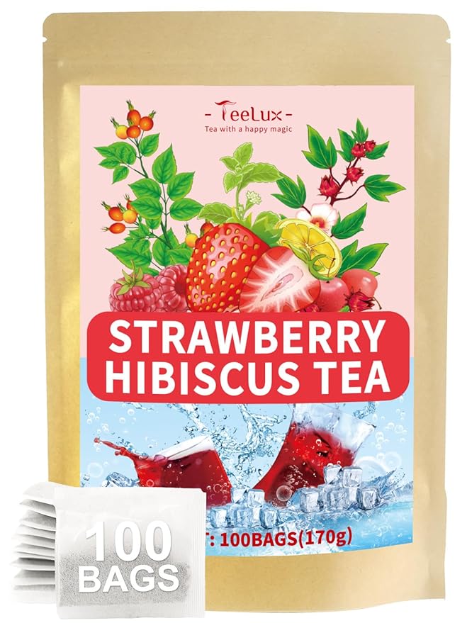 TeeLux Strawberry Hibiscus Iced Tea, Natural Hibiscus Tea with Stevia and Rosehip, Tangy & Sweet Flavor, Caffeine Free, 100 Count - Bloomnest