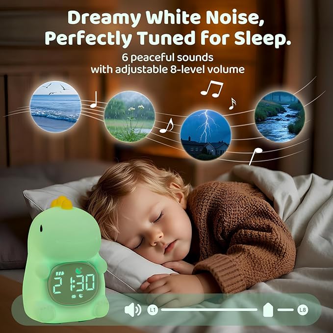 Dinosaurs Alarm Clock with Night Light for Kids with Sleep Training and Sound Machine, Rechargeable Silicone Lamp OK to Wake Clock，Cute Animal Tabletop Lamp, Perfect Sleep Companion for Boys Girls - Bloomnest