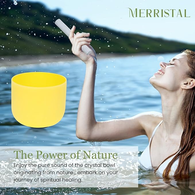 432HZ 8 Inchs E Note Yellow Frosted Crystal Singing Bowl for Meditation Healing Yoga Chakra Quartz Crystal Sound Bowls with Heavy Duty Carry Case and Rubber Mallet,Suede Striker,O-rings - Bloomnest