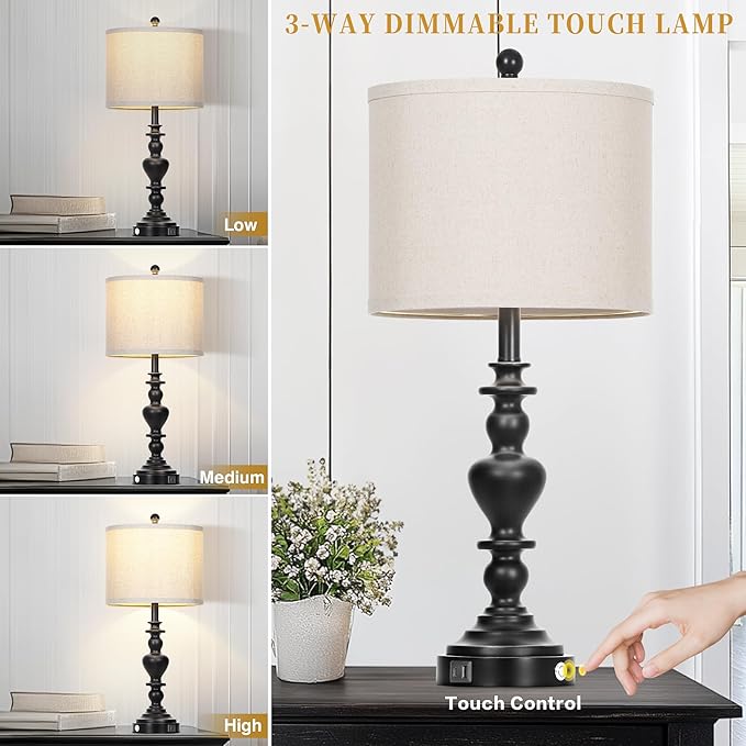 27" Farmhouse Vintage Lamps Set of 2 with USB C+A Charging Ports, Black Rustic Touch Control Table Lamp for Living Room, 3-Way Dimmable Traditional Nightstand Bedside Lamp Linen Washed for Bedroom - Bloomnest