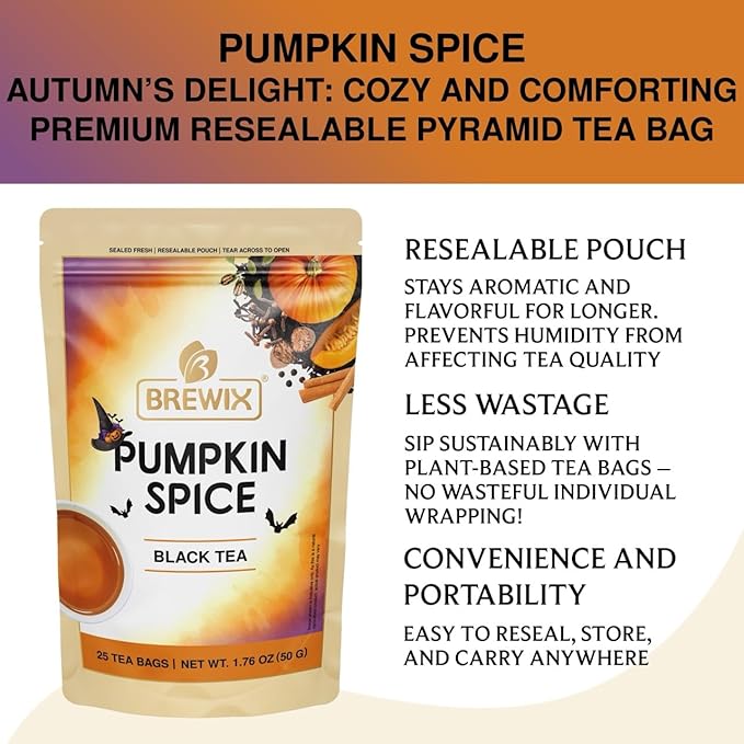 BREWIX, Pumpkin Spice Black Tea Bags (25 Pyramid Bags) | Cozy Fall Blend with Cinnamon, Ginger, Nutmeg & Clove | Caffeinated, Warm & Aromatic | Perfect for Autumn & Halloween - Bloomnest