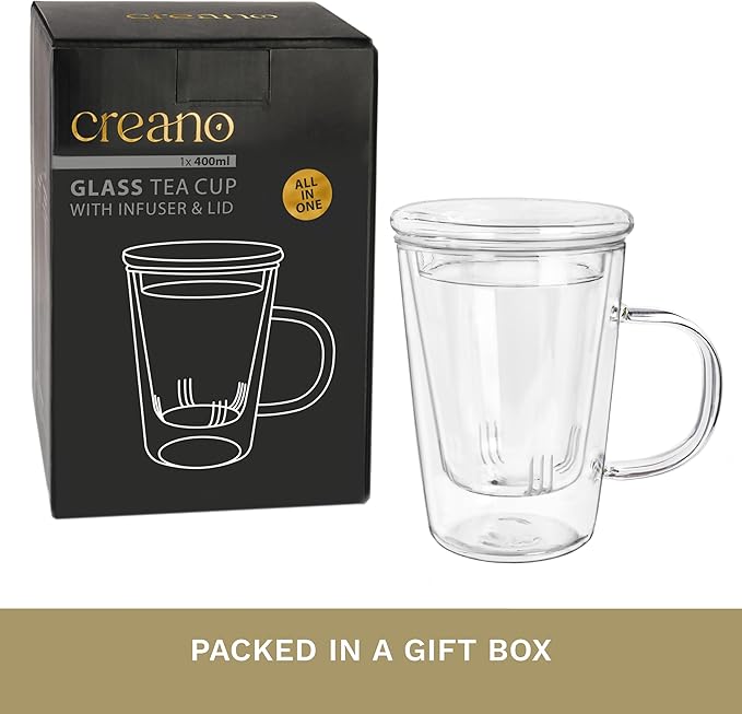 Creano Tea Glass 400 ml – Large Tea Cup with Strainer and Glass Lid – An ideal Tea Maker - Bloomnest