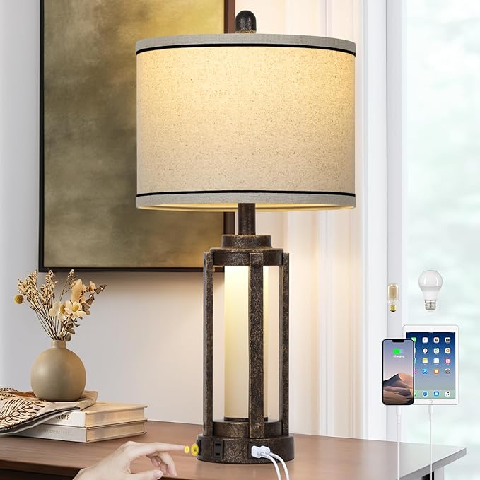 Farmhouse Industrial Lamp with USB A+C Charging Ports & AC Outlet, 26" Vintage Rustic Retro Table Lamp with Glass LED Night Light & Linen Fabric Shade for Living Room Bedrooms Single(2 Bulbs Included) - Bloomnest