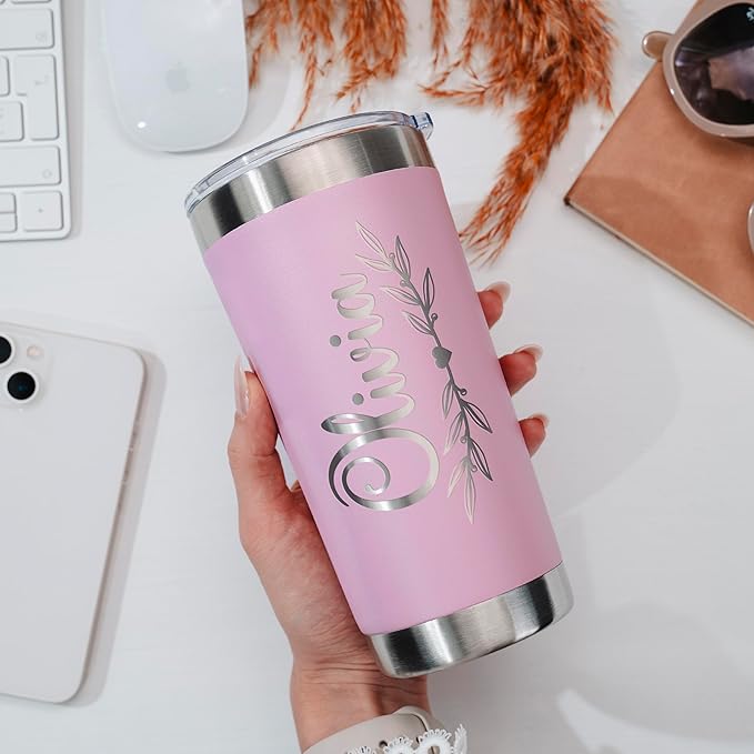 Personalized Tumbler with Engraved Name - 12 Designs, 30 Oz Coffee Tumbler with Slider Lid, Soft Pink, Double Wall Insulated - Gifts for Mom, Custom Gift for Women, Personalized Gift for Her - Bloomnest