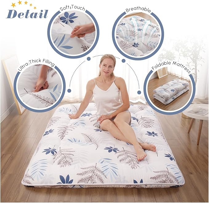 Japanese Floor Mattress, Futon Mattress with Portable Storage Bag and Washable Cover, Roll Up Thick Tatami Mat Suitable for Camping, Guest Room, White Leaf, Twin - Bloomnest