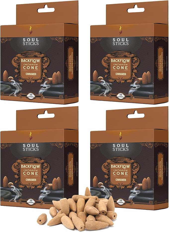 Soul Sticks Backflow Incense Cones – 40 PCS Organic Handmade Cones for Waterfall Burner | 4 Pack Long Lasting Aromatic Scents | Thick White Smoke Incense for Meditation, Spiritual Gift (Cinnamon) SoulSticks