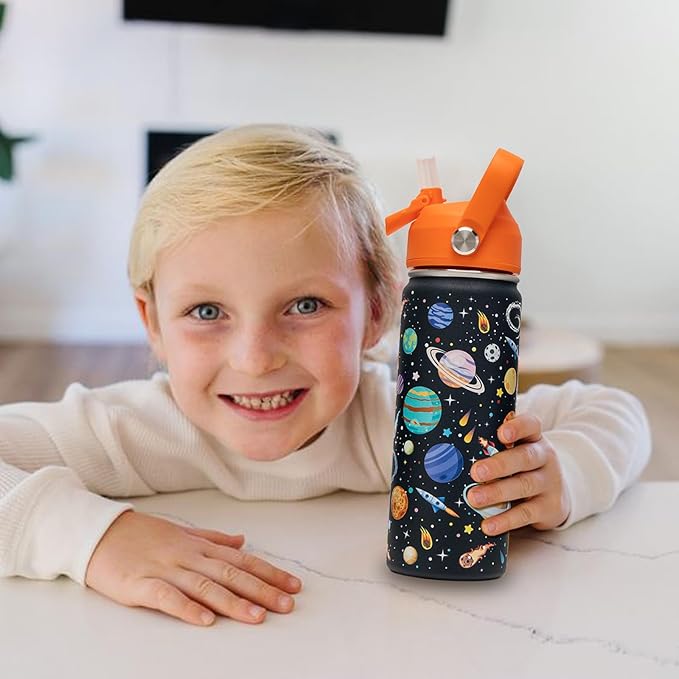 18oz Kids Insulated Water Bottle with Straw Lid - 18/8 Stainless Steel Kid Cup BPA-FREE Travel Tumbler Double Wall Vacuum Leak Proof Portable Toddler Water Bottle (Space) - Bloomnest