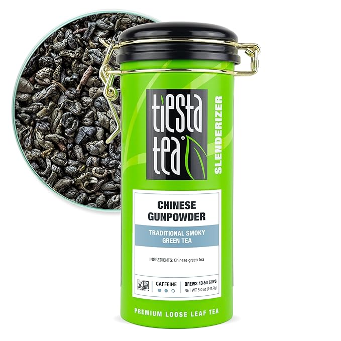 Tiesta Tea - Chinese Gunpowder, Loose Leaf, Traditional Smoky Green Tea, Premium Aromatic Blend, Medium Caffeinated, 50 Cups, 5 Ounce Refillable Tin - Bloomnest