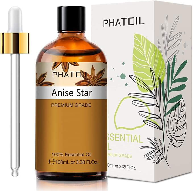 Anise Star 3.38fl.oz Essential Oil, PHATOIL Pure Aromatherapy Oils for Diffuser, Humidifier, Perfect for DIY Soap, Candle, Bath Bombs Making(100ml) PHATOIL
