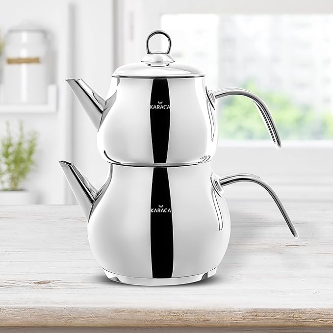 Karaca Layla Teapot Edelstahl, Turkischer Teekocher, Wasserkocher, Teekanne: 1 L Wasserkocher: 1,75 L, Türkisches Teekannen, Kayra Teekannen Set Metal - Bloomnest