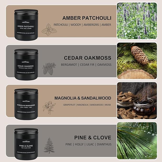 Scented Candle Set, Men Candle Set, Scented Candles for Home, Gifts for Men, 28 oz 200 Hour Burn Time,4 Pack Manly Gifts Soy Candles of Cedar Oakmoss/Pine&Clove/Patchouli/Sandal Wood - Bloomnest