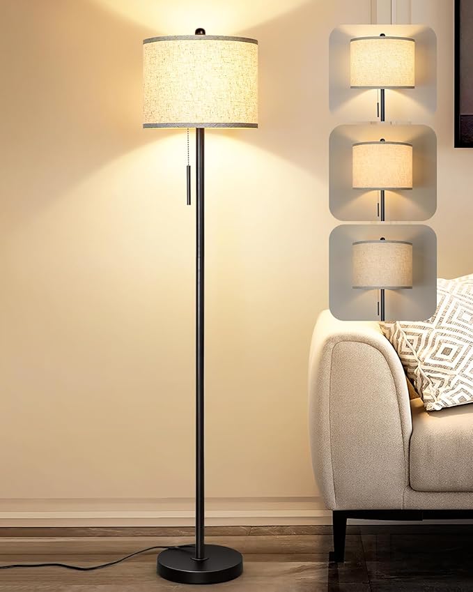 Floor Lamp for Living Room, 63in Black Standing Lamp, 3-Way Dimmable Floor Lamp for Bedroom, Tall Lamp with White Linen Shade for Office - Bloomnest