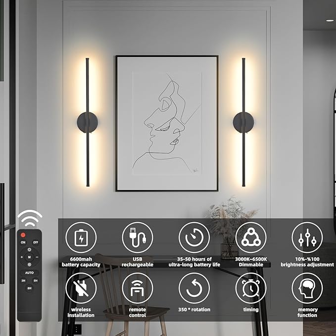 Wall Sconces Battery Operated Set of 2, Black LED Wireless Wall Sconce with Remote Control 350° Rotating, 27.6 Inch Dimmable USB Rechargeable Wall Lights for Living Room Bedroom Hallway - Bloomnest
